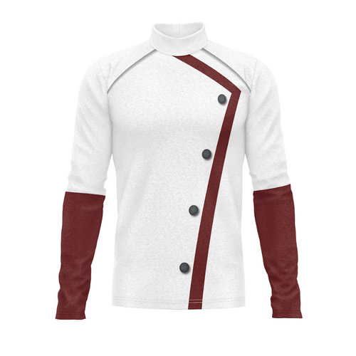 White chef's coat with maroon accents on a white background