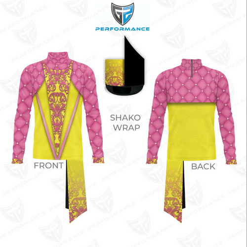 Shako wrap design with pink and yellow pattern on a white background