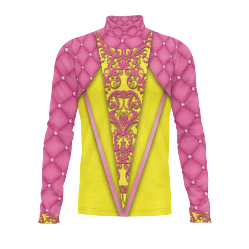Colorful jacket with pink quilted sleeves and yellow patterned front on a white background