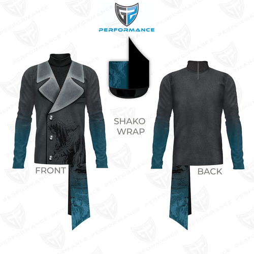 Costume design with shako wrap and jacket on a white background, featuring the Performance logo.