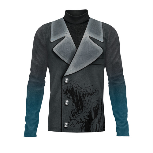 Gray blazer with black turtleneck and graphic design on a white background