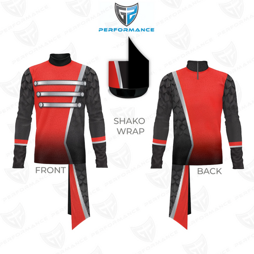 Red, black, and gray shako wrap with front and back views on a white background.