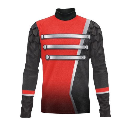 Red and black long-sleeve shirt with metallic accents on a white background