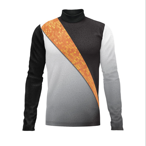 Long-sleeve shirt with black, gray, and orange design on a white background