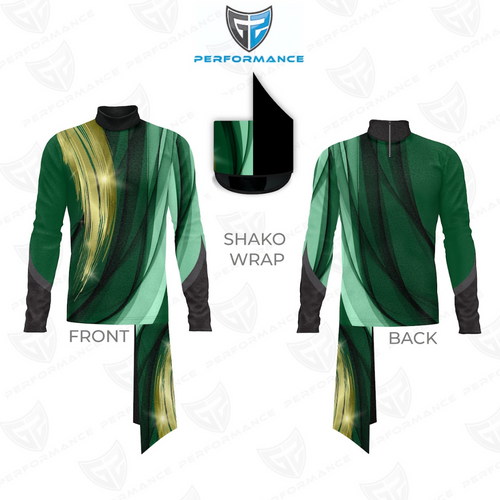 Green and black shako wrap with front and back views on a white background, featuring Performance logo.