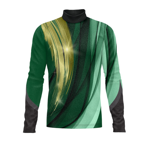 Green and black long-sleeve shirt with abstract design on a white background