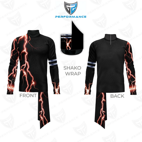 Black shako wrap with lightning design on a white background, featuring the 'GF Performance' logo.