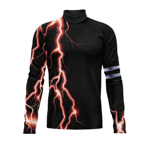 Black turtleneck sweater with lightning bolt design on a white background