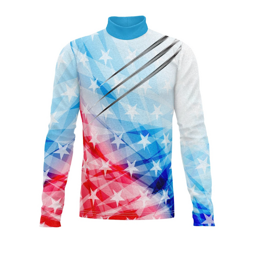 Long-sleeve shirt with a colorful abstract design on a white background