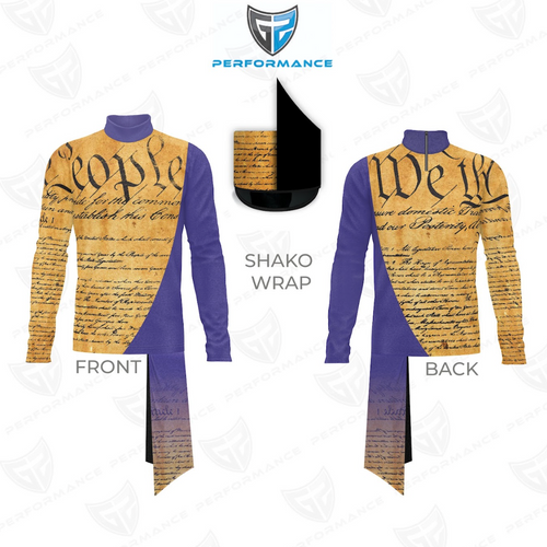 Design of a shirt with text and a shako wrap on a white background, featuring the 'GF Performance' logo.