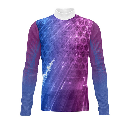 Long-sleeve shirt with a purple and blue abstract pattern on a white background