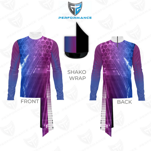 Purple and blue shako wrap with front and back views on a white background, featuring Performance logo.