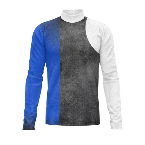 Long-sleeve shirt with blue, gray, and white color block design on a white background