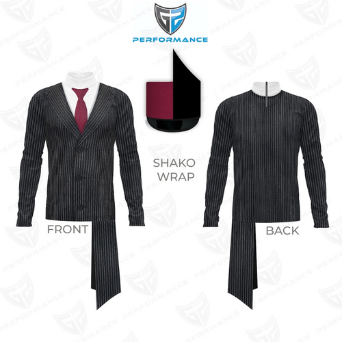 Black pinstripe shako wrap with front and back views on a white background, featuring the Performance logo.