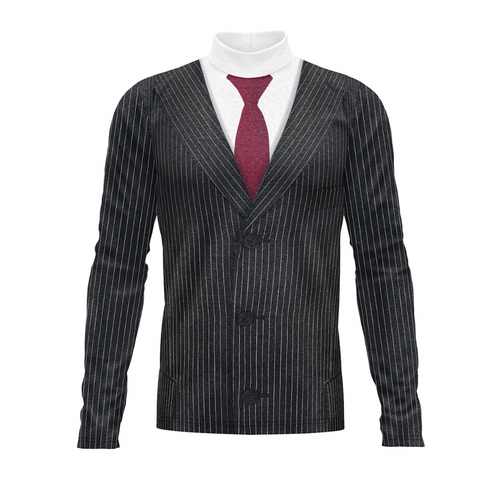 Pinstripe suit jacket with a red tie and white shirt on a white background