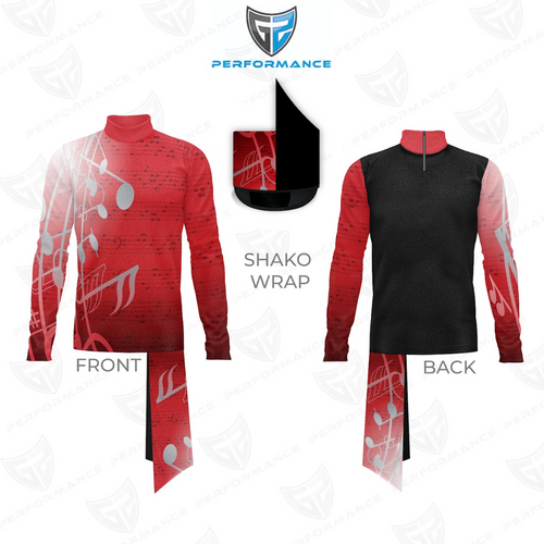 Red and black long-sleeve shirt with graphic design, labeled 'Shako Wrap', on a white background.