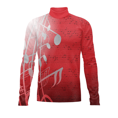 Red turtleneck sweater with musical note design on a white background
