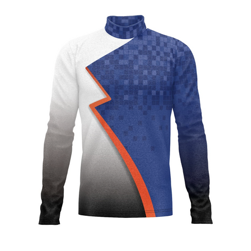 Long-sleeve shirt with blue and white design on a white background