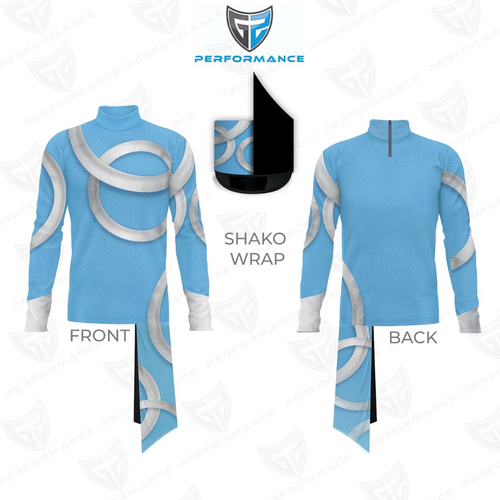 Blue and gray outfit with shako wrap design on a white background