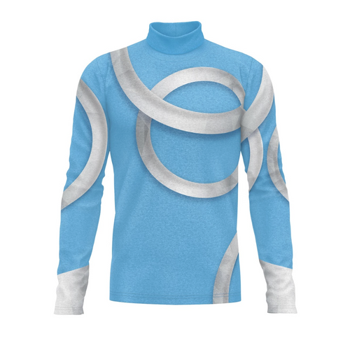 Blue turtleneck sweater with silver circular patterns on a white background