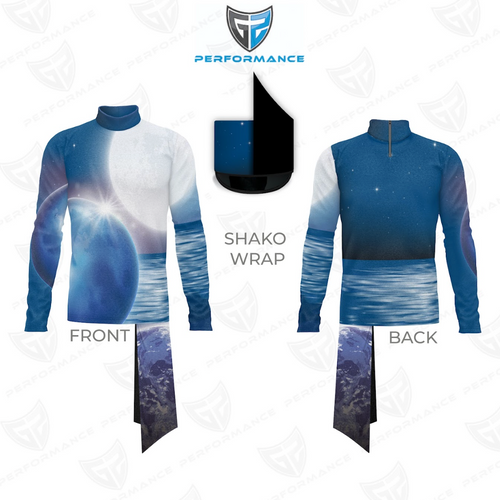 Blue and white long-sleeve shirt with gradient design, front and back views, on a white background with Performance logo.
