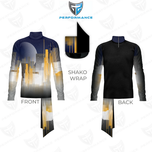 Two views of a long-sleeve athletic shirt with a cityscape design, labeled 'Front' and 'Back', on a white background.