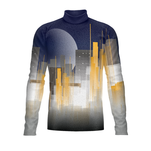 Long-sleeve shirt with cityscape design on a white background