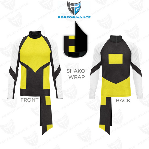 Shako wrap with yellow and black design on a white background, featuring Performance logo.