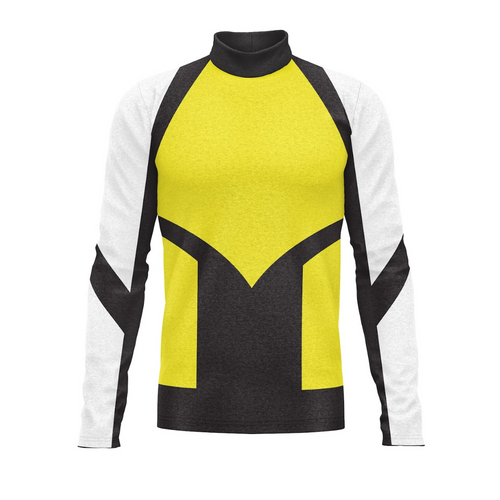 Long-sleeve shirt with yellow, black, and white color block design on a white background