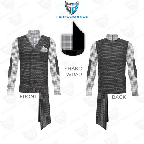 Shako wrap design with front and back views on a white background, featuring the Performance logo.