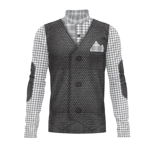 Black patterned vest over a checkered shirt on a white background