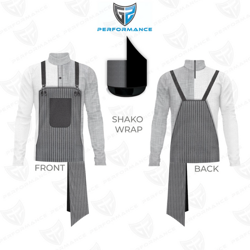Gray apron with black accents shown from front and back on a white background, featuring 'Performance' branding.