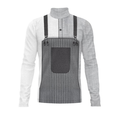 Gray striped apron over a white shirt with a gray turtleneck on a white background