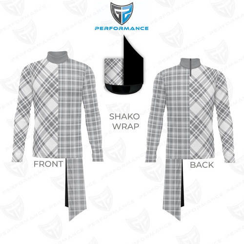Plaid shako wrap with front and back views on a white background, featuring the Performance logo.