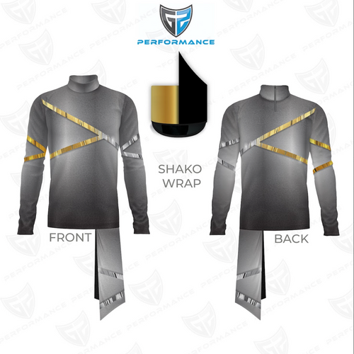 Gray and gold shako wrap with front and back views on a white background, featuring the Performance logo.