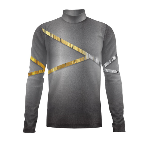 Gray long-sleeve shirt with gold and silver accents on a white background