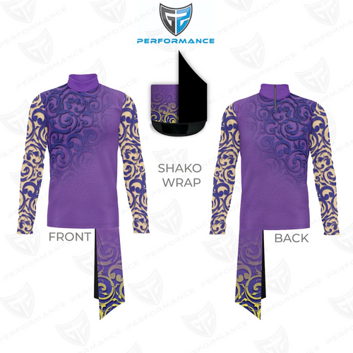 Purple and gold shako wrap with front and back views on a white background, featuring the Performance brand logo.