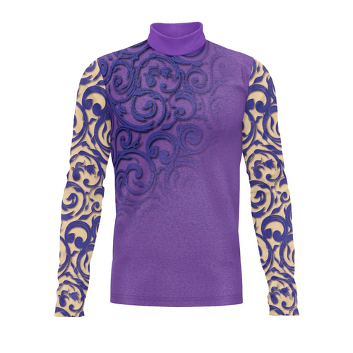 Purple long-sleeve shirt with gold and blue pattern on a white background
