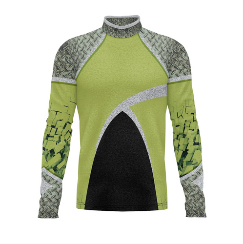 Green long-sleeve shirt with geometric pattern on a white background