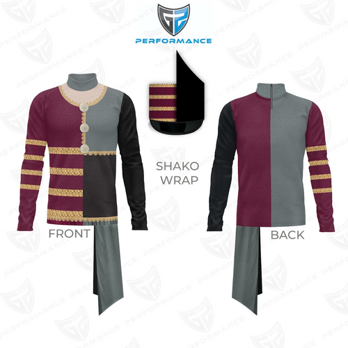 Maroon and gray shako wrap with gold accents on a white background, featuring Performance logo.