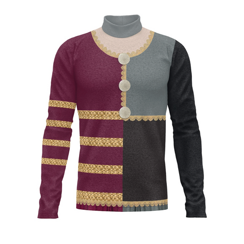 Multicolored sweater with a patterned design on a white background