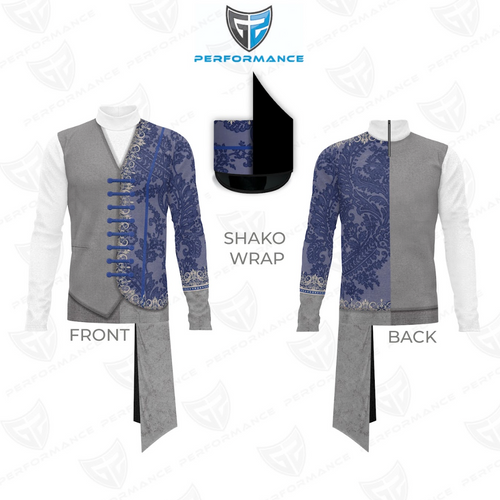 Gray and blue traditional outfit with shako wrap on a white background, featuring Performance brand logo.