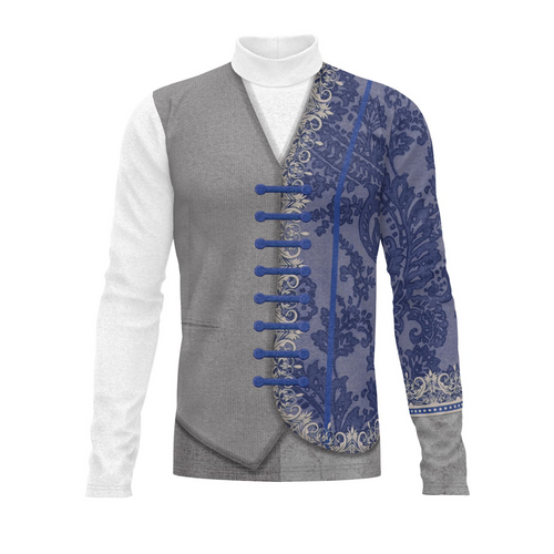 Gray vest with blue and gold lace details on a white background