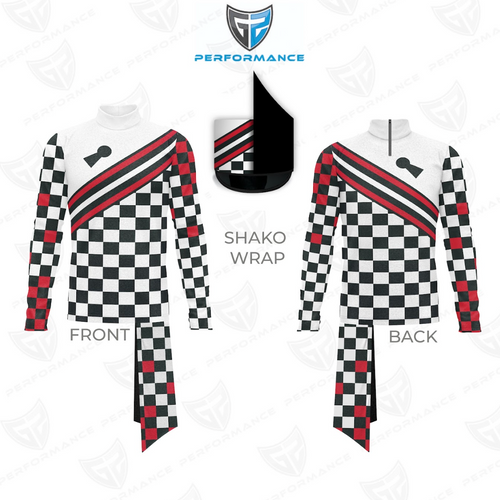 Checkered racing suit with front and back views on a white background, featuring Performance logo.