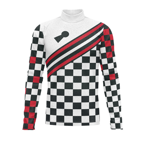 Sweater with checkered pattern and logo on a white background