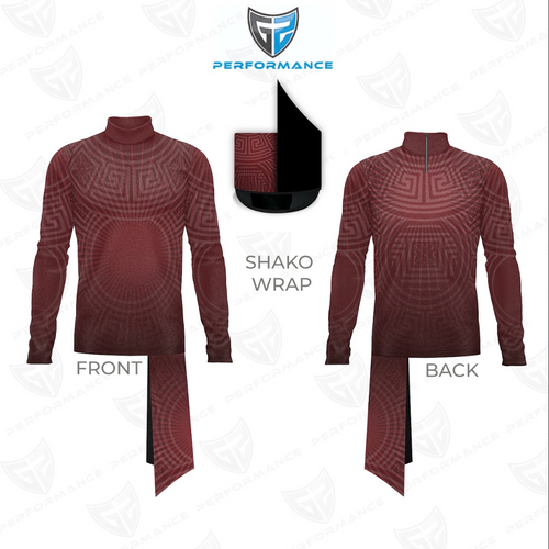 Maroon shako wrap with front and back views on a white background, featuring Performance logo.