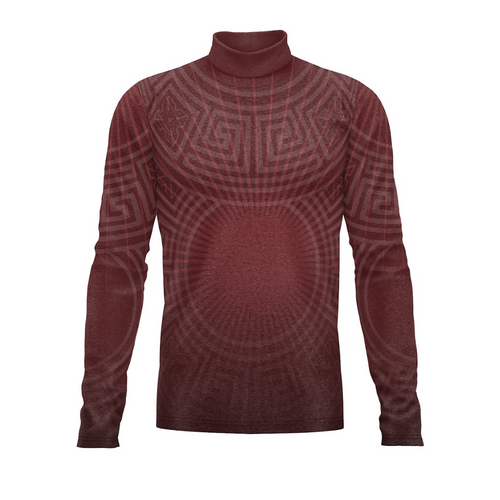 Maroon turtleneck sweater with a geometric pattern on a white background
