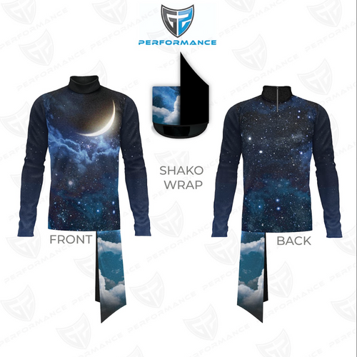 Space-themed long-sleeve shirt with front and back views, shako wrap, and Performance logo on a white background.