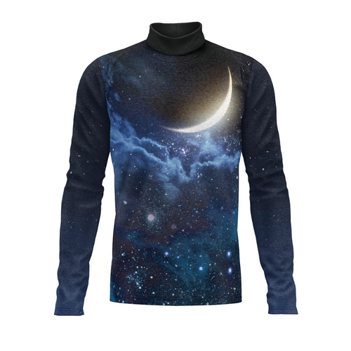 Long-sleeve shirt with celestial design featuring a moon and stars on a white background