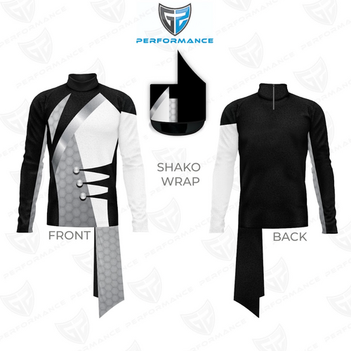 Black and white shako wrap with front and back views on a white background, featuring Performance brand logo.